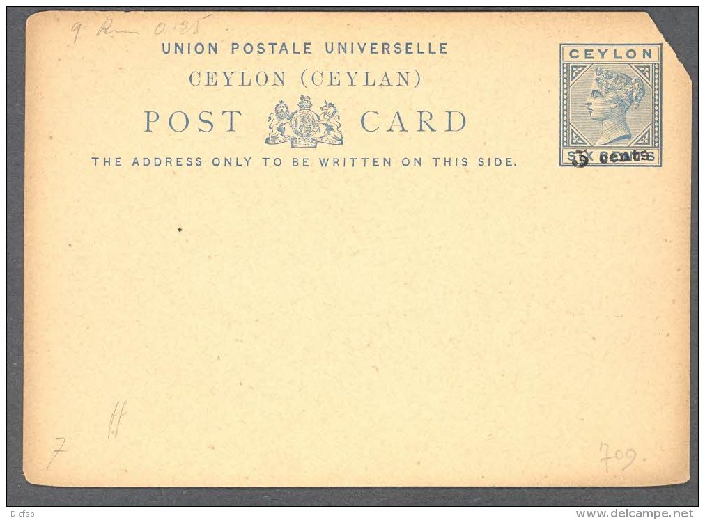 CEYLON, 1885 5 Cents On 6c Blue Postcard - Ceylon (...-1947)