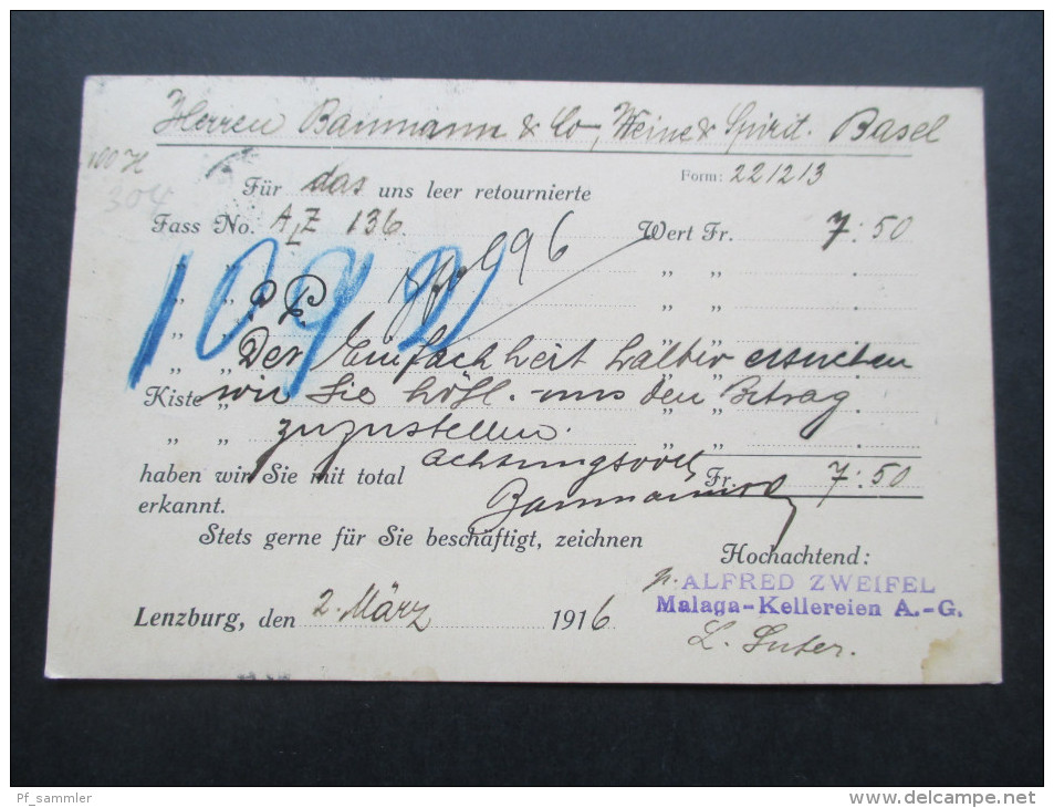 AK Lenzburg, Alfred Zweifel, Malagakellereien, Spezialhaus Für Südweine U. Cognac.Alkohol. 1916 - Lettres & Documents