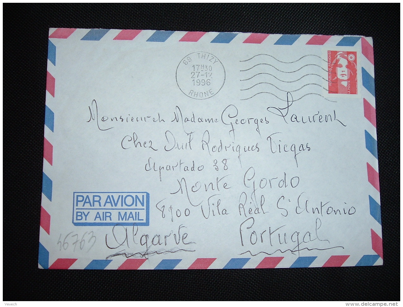 LETTRE PAR AVION Pour Le PORTUGAL TP MARIANNE DE BRIAT TVP ROUGE OBL.MEC.27-12-1996 THIZY (69 RHONE) - 1989-1996 Marianne Du Bicentenaire