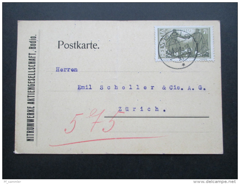 Schweiz 1919 Nr. 146 EF Postkarte Nitrumwerke Bodio - Storia Postale