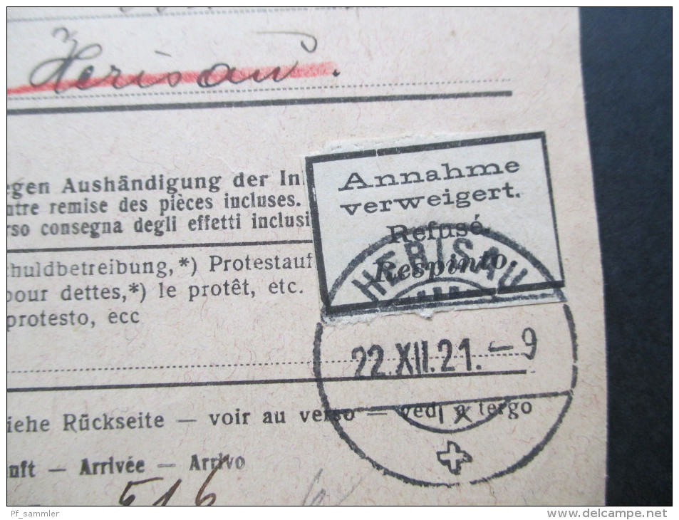 Schweiz 1921 Einzugsauftrag / Einzugsmandat Muri Aarg No 483. Huber Maggi Muri. Annahme Verweigert!! Refuse. Postscheck - Briefe U. Dokumente