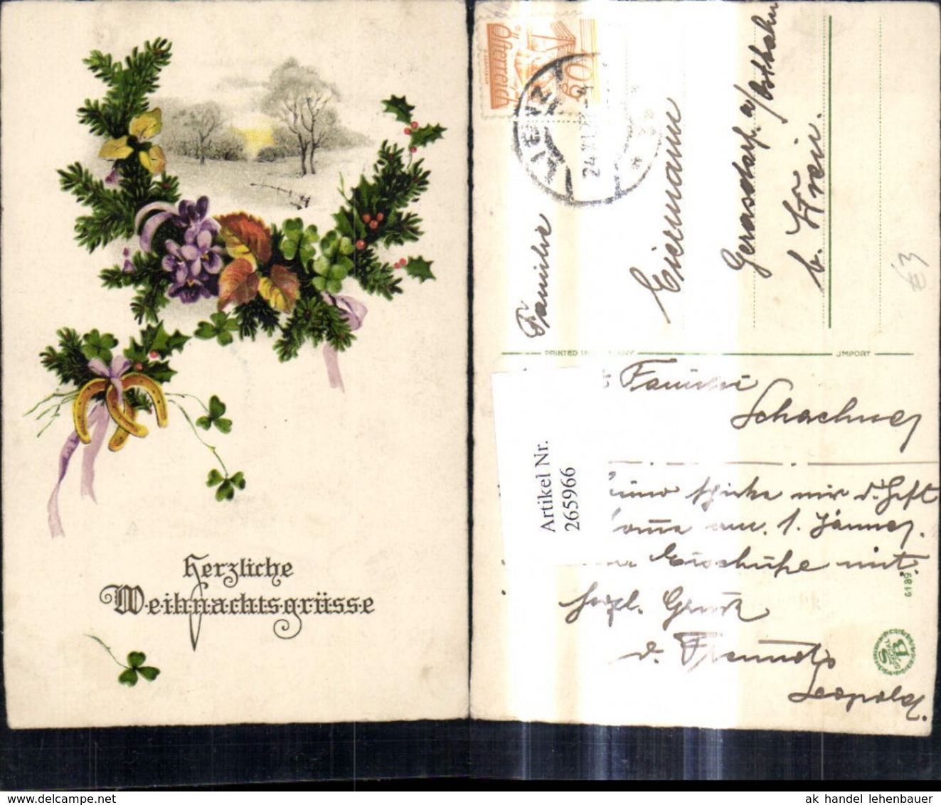 265966,K&uuml;nstler Ak Weihnachten Tannenzweige Blumen Schleife Hufeisen Klee - Altri & Non Classificati