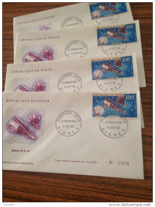 2x 4 STAMPS COSMOS ESPACE SPACE VOSKHOD GEMINI NIGER 1966 NON DENTELES IMPERF IMPERFORATED POSTE AERIENNE PA + FDC