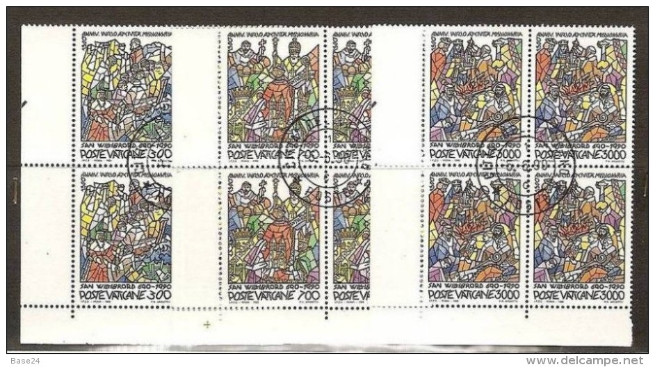 1990 Vaticano Vatican SAN WILLIBRORD 4 Serie Di 3v. Usate FDC In Quartina Con Gomma USED Bl.4 - Used Stamps