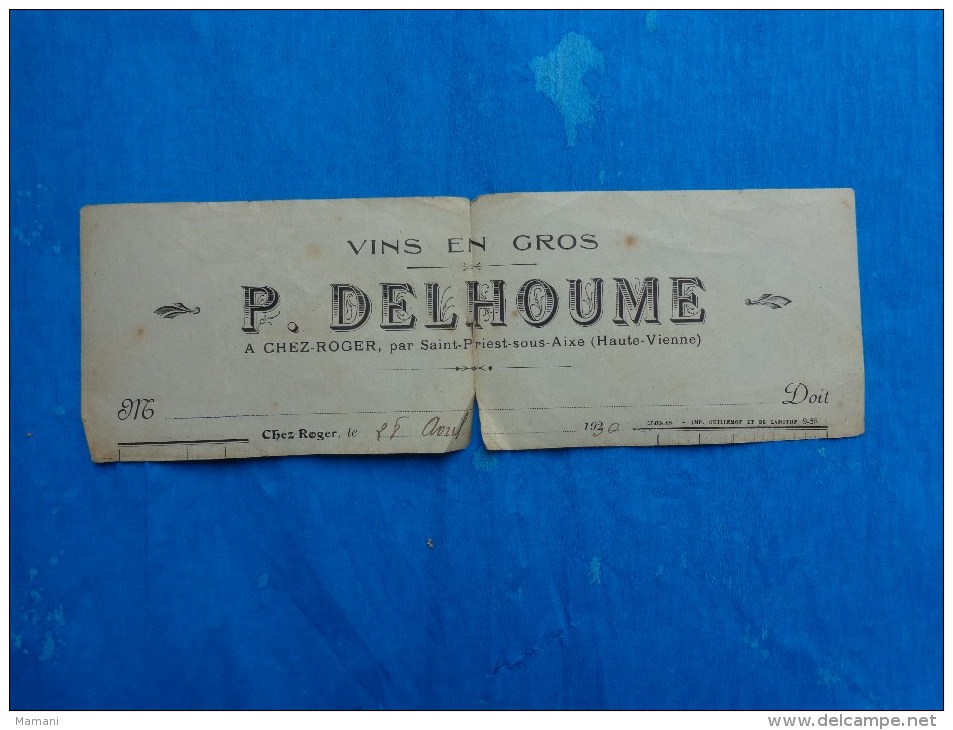 Tete De Facture -vins En Gros P. Delhoume St Priest Sous Aixe - Advertising