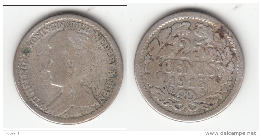 **** PAYS-BAS - NETHERLANDS - 25 CENTS 1913 WILHELMINA I - ARGENT - SILVER **** EN ACHAT IMMEDIAT - 25 Centavos