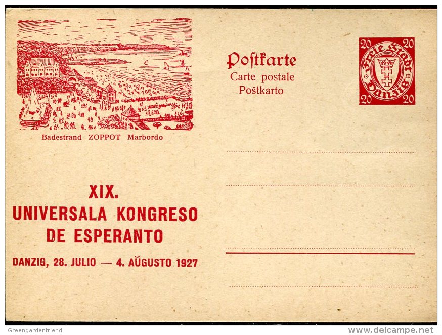 11286 FREIE Stadt Danzig,, Stationery Card 20pf. Universala Kongreso Esperanto 1927 Zoppot Badestrand - Other & Unclassified