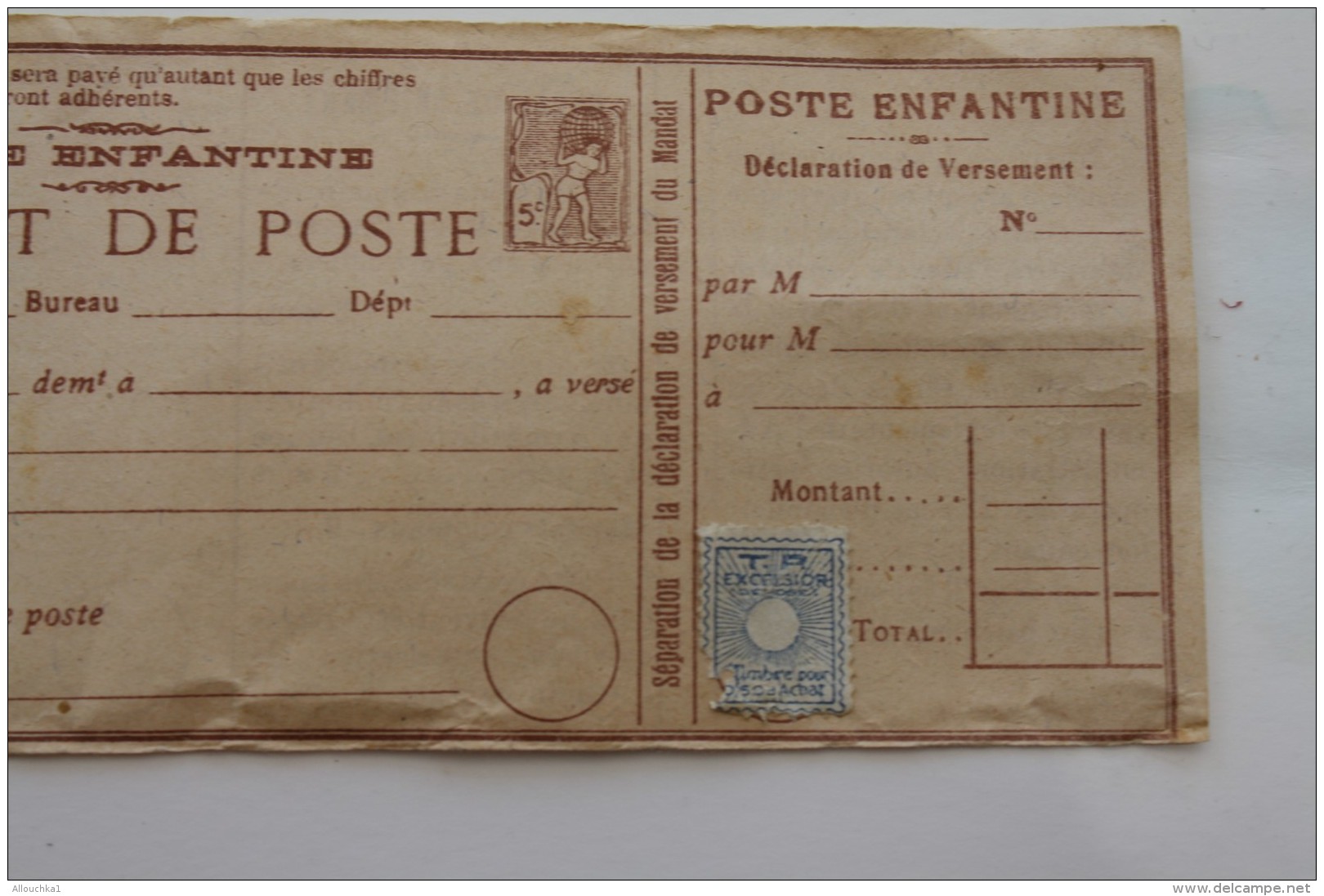 PTT LA POSTE ENFANTINE ->MANDAT DE POSTE + TIMBRE  REPUBLIQUE FRANCAISE PSEUDO ENTIERS POSTAUX Privés - Enteros Privados