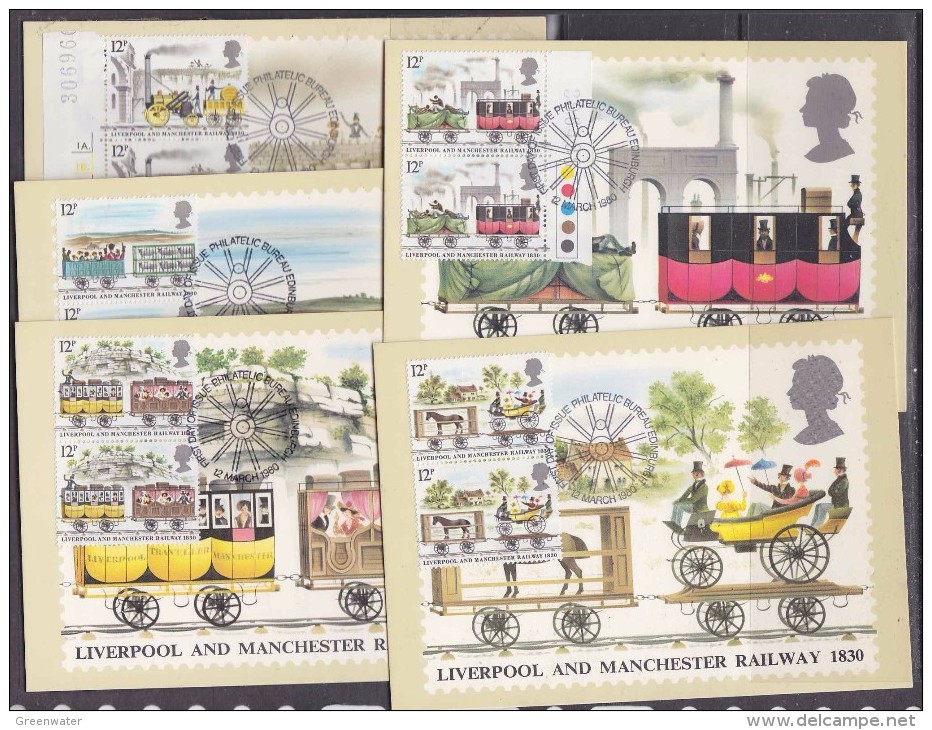 Great Britain 1980 Liverpool And Manchester Railway 1830 5v (in Pairs) 5 Maxicards (31195) - Cartas Máxima