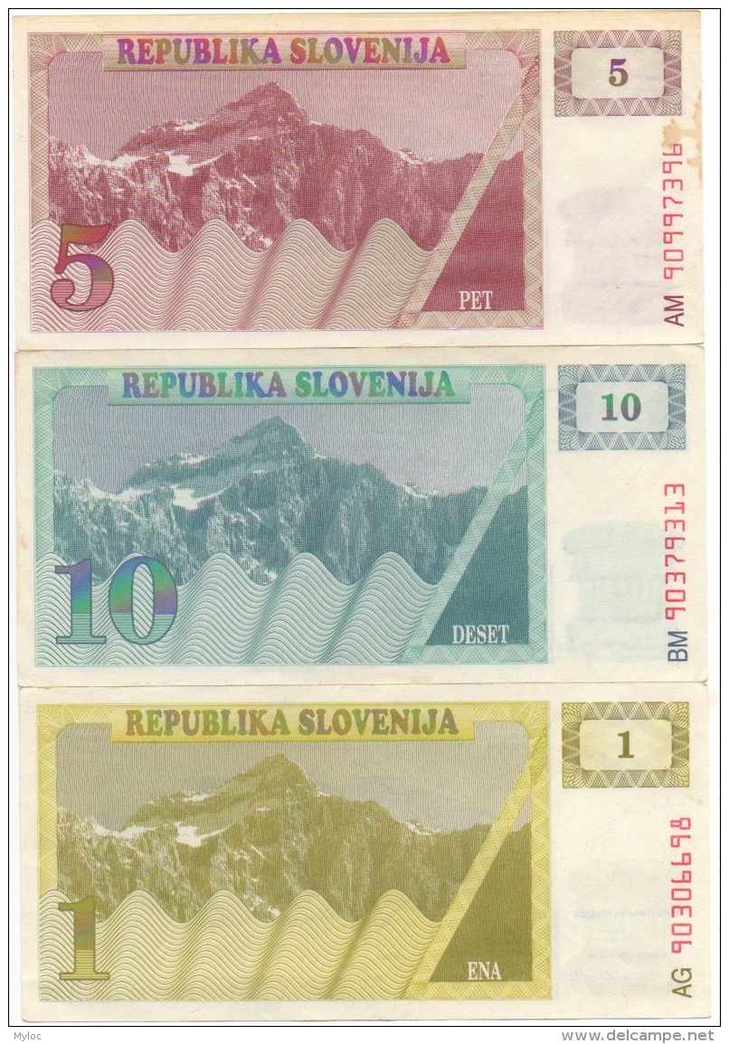 Slovenia. Republika Slovenija. 1 - 5 - 10 Tolarjev. Lot De 3 Billets. - Slovénie