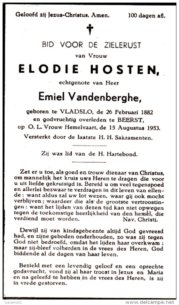 Beerst, 1953, Elodie Hosten, Vandenberghe,Vladslo - Images Religieuses