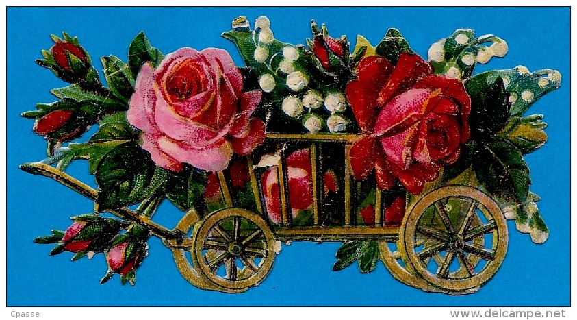 Chromo DECOUPI - Chariot Fleuri 2 Roses Et Muguet - Fleurs Flowers ° Gaufré Embossed - Flores