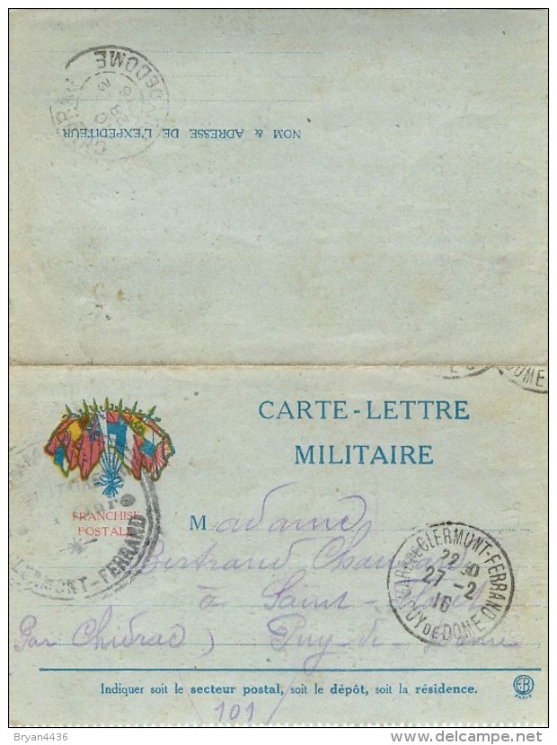 CARTE LETTRE D'un POILU EN SECTEUR 101 - VERS SAINT-FLORET Par CHIDRAC (Puy-de-Dôme) - 1916. - Guerre 1914-18