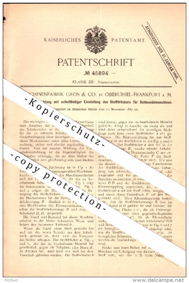 Original Patent - Maschinenfabrik Gros & Co In Oberursel - Frankfurt A.M., 1887 , Nähmaschine Für Sohlen , Schuhmacher ! - Oberursel