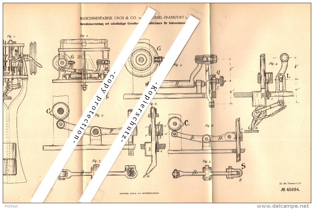 Original Patent - Maschinenfabrik Gros & Co In Oberursel - Frankfurt A.M., 1887 , Nähmaschine Für Sohlen , Schuhmacher ! - Oberursel