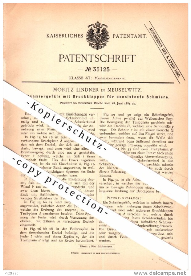 Original Patent - Moritz Lindner In Meuselwitz , 1885 , Schmiergefäß Mit Druckklappen , Maschinenbau !!! - Meuselwitz