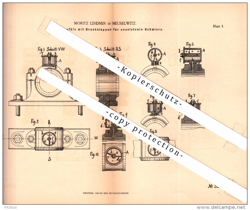 Original Patent - Moritz Lindner In Meuselwitz , 1885 , Schmiergefäß Mit Druckklappen , Maschinenbau !!! - Meuselwitz