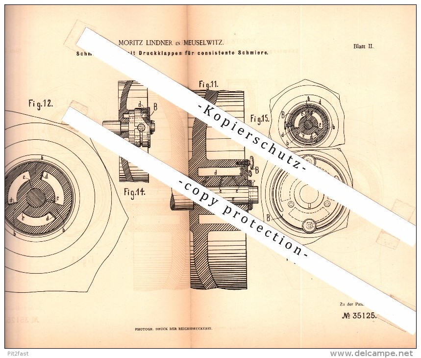 Original Patent - Moritz Lindner In Meuselwitz , 1885 , Schmiergefäß Mit Druckklappen , Maschinenbau !!! - Meuselwitz