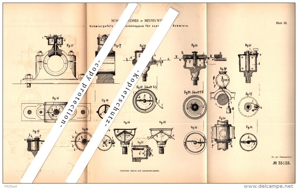 Original Patent - Moritz Lindner In Meuselwitz , 1885 , Schmiergefäß Mit Druckklappen , Maschinenbau !!! - Meuselwitz