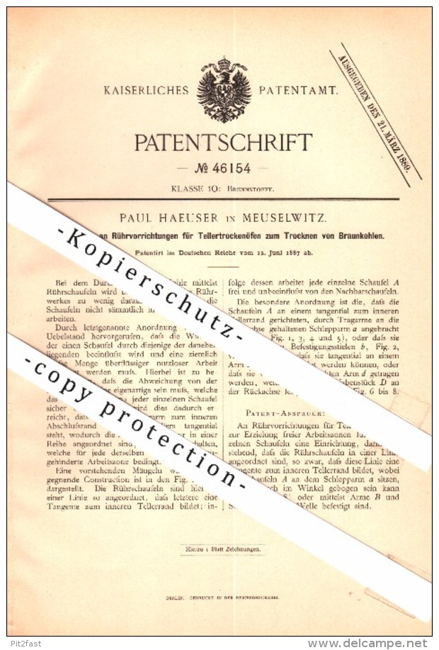 Original Patent - Paul Haeuser In Meuselwitz , 1887 , Trockenofen Für Braunkohle , Bergbau , Zeche , Grube , Häuser !!! - Meuselwitz