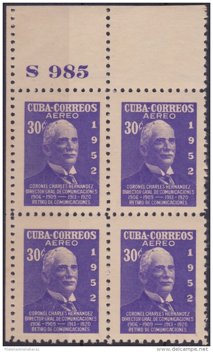 1952-295 CUBA REPUBLICA 1952. 30c CHARLES HERNANDEZ Ed.517 PLATE NUMBER MNH. - Ungebraucht