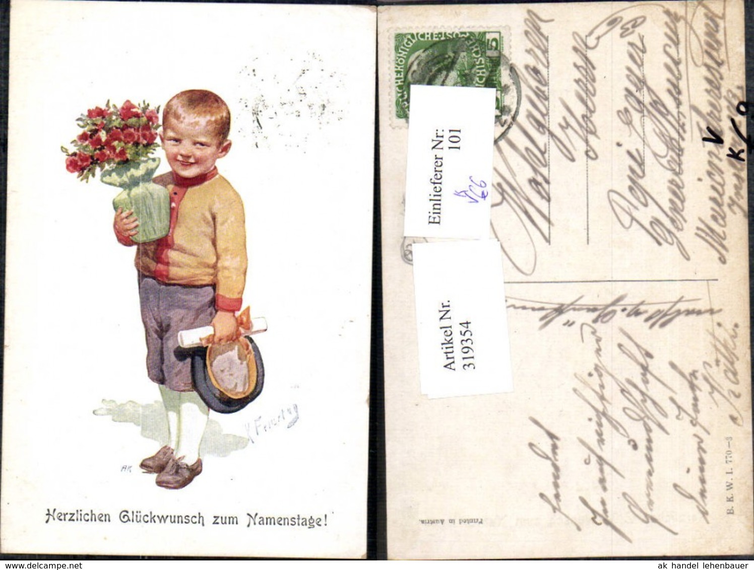 319354,K&uuml;nstler Ak Feiertag Karl Bub Junge Hut Blumentopf Namenstag Pub B.K.W.I. Br&uuml;d - Feiertag, Karl