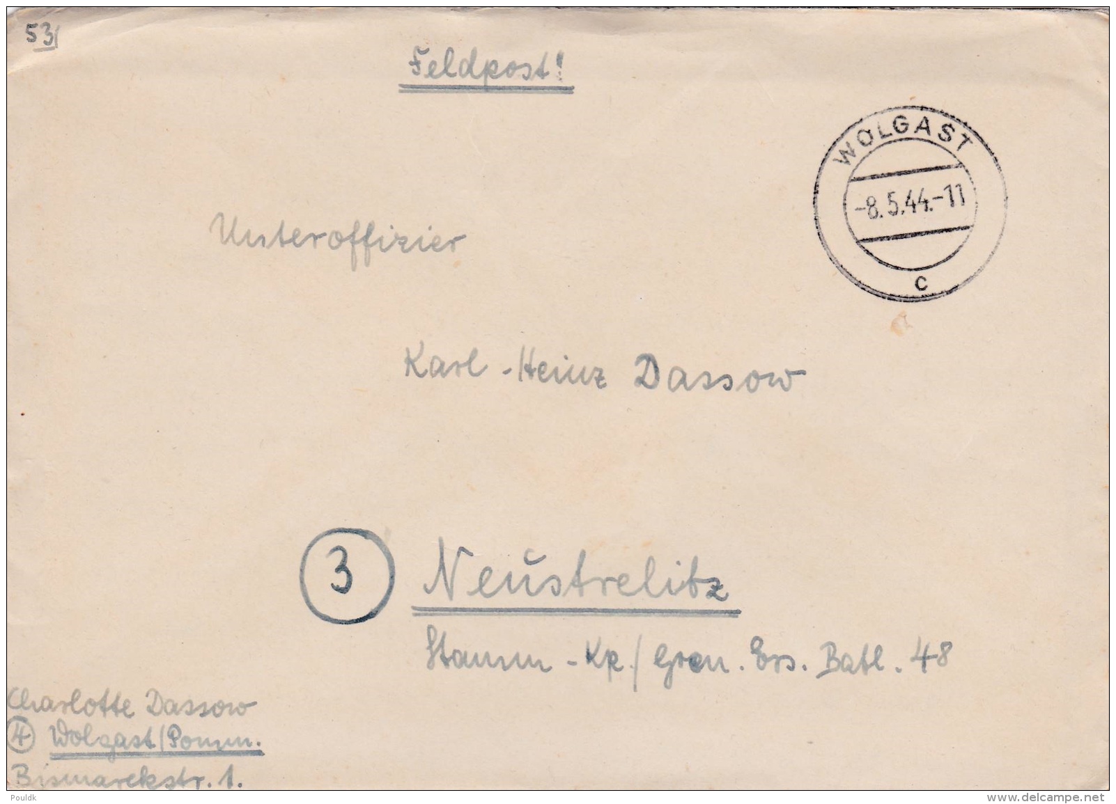 Feldpost WW2:  To A NCO In Stamm Kompanie/Grenadier Ersatz Bataillon 48 In Neystrelitz P/m Wolgast 8.5.1944 - Letter Ins - Militaria