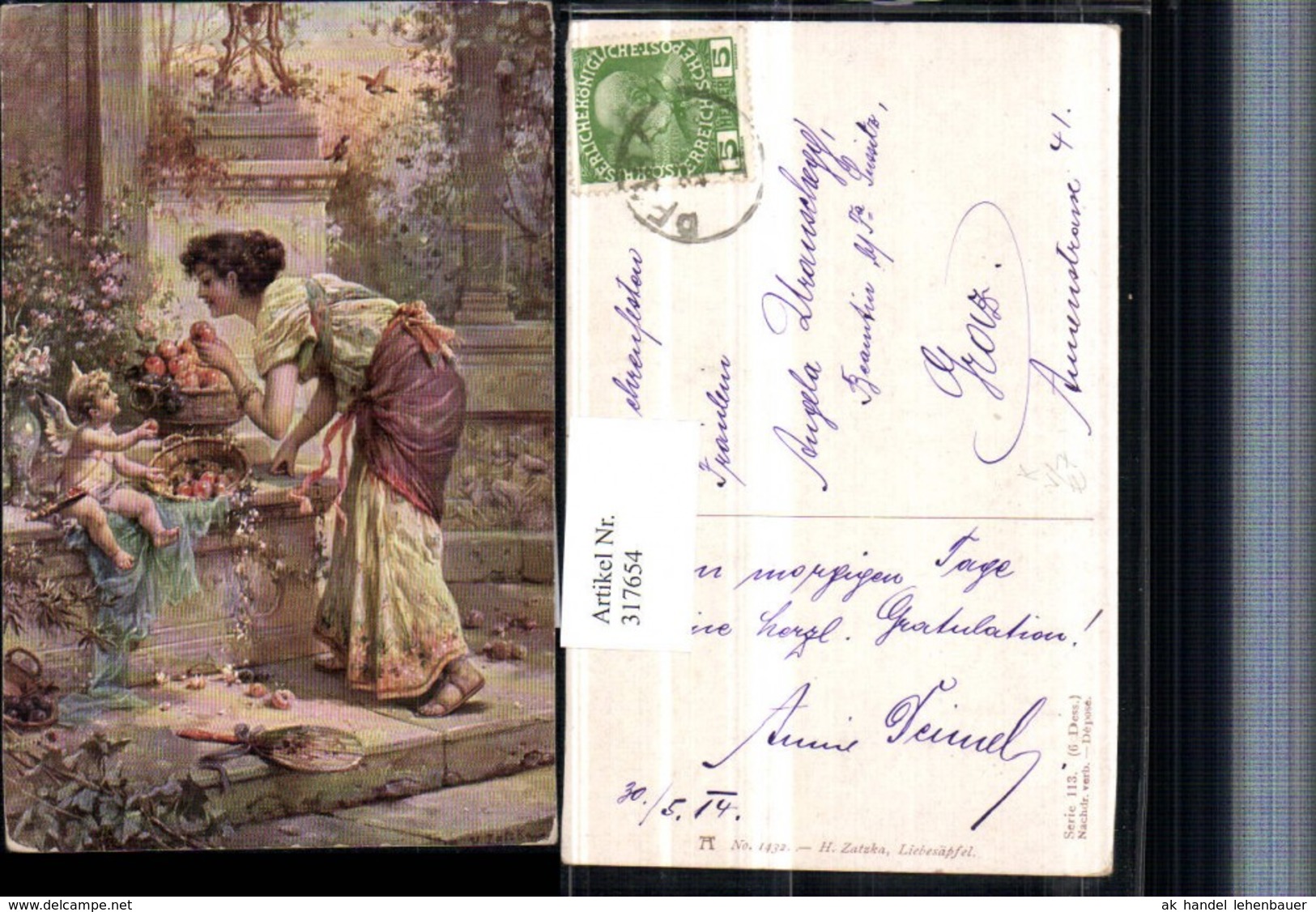 317654,K&uuml;nstler AK Hans Zatzka Liebes&auml;pfel Amor Engel Frau Kleid Pub Ackermann 1432 - Zatzka