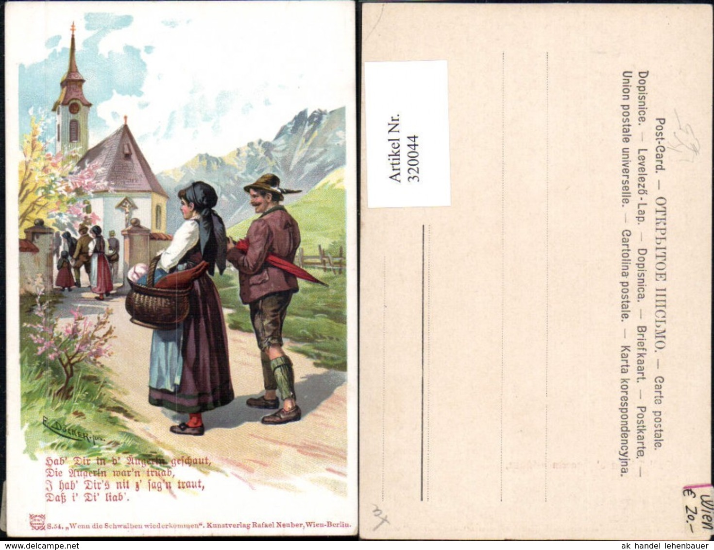 320044,K&uuml;nstler Litho E. D&ouml;cker Serie 54 Wenn Die Schwalben Wiederkommen Paar Kirche - Doecker, E.