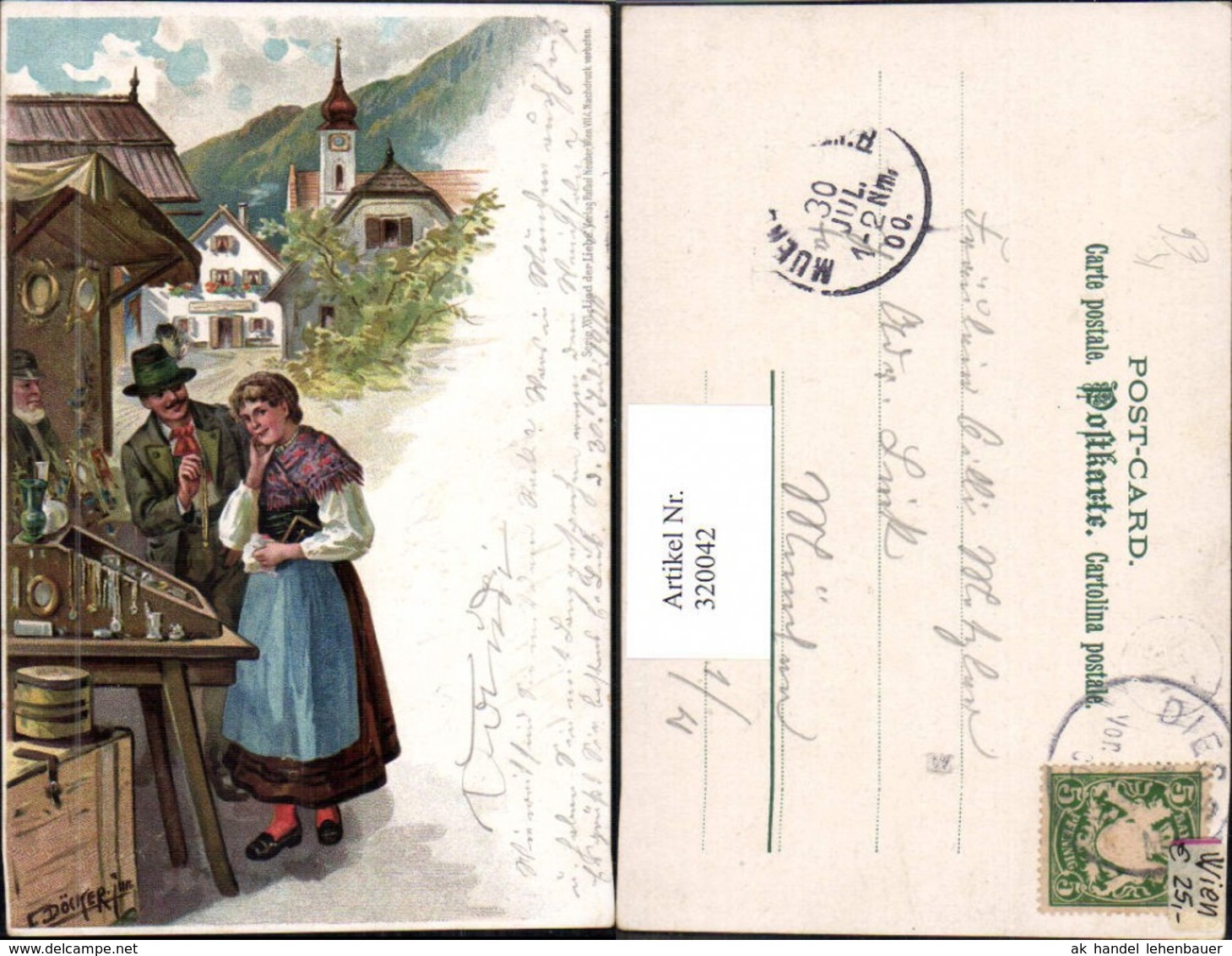 320042,K&uuml;nstler Ak E. D&ouml;cker Serie XVI Lied D. Liebe Paar Tracht Marktstand - Doecker, E.