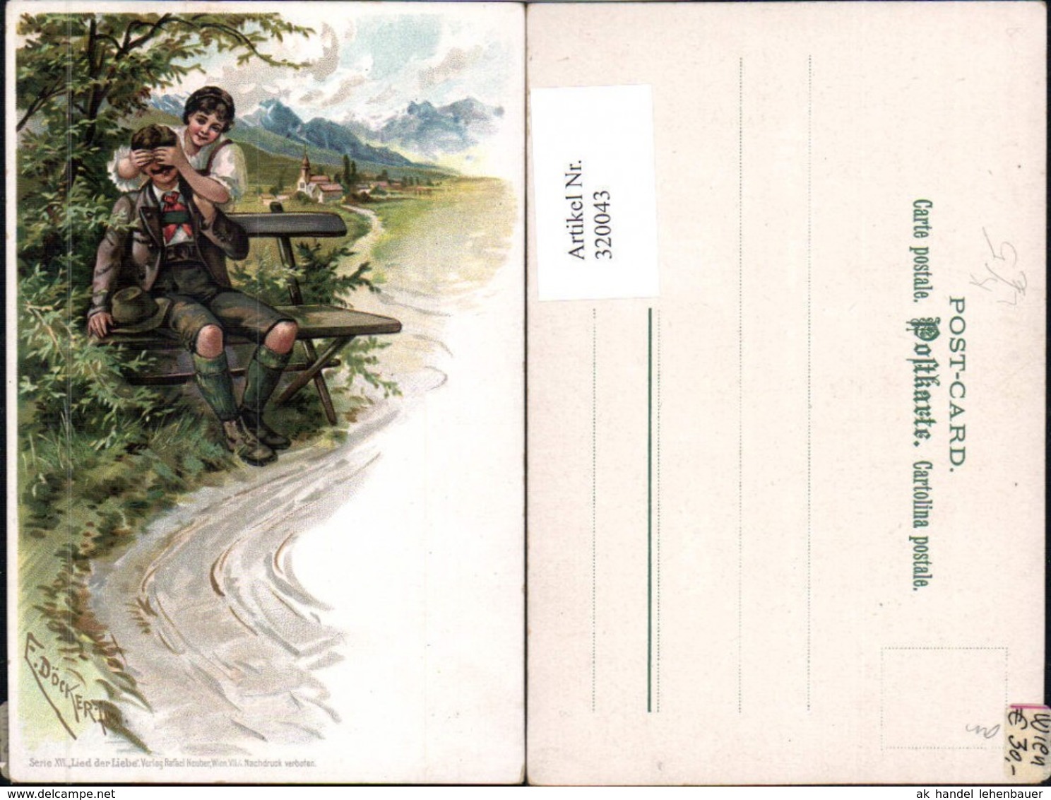 320043,K&uuml;nstler Litho E. D&ouml;cker Serie XVI Lied D. Liebe Paar J&auml;ger Bank Jagd - Doecker, E.