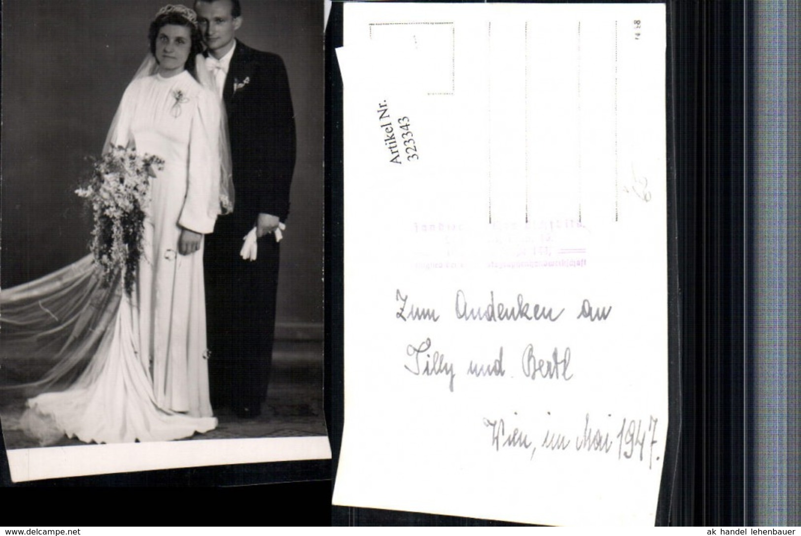 323343,Foto AK Hochzeit Hochzeitsfoto Brautpaar Brautkleid Brautstrau&szlig; 1947 Pub Steff - Hochzeiten