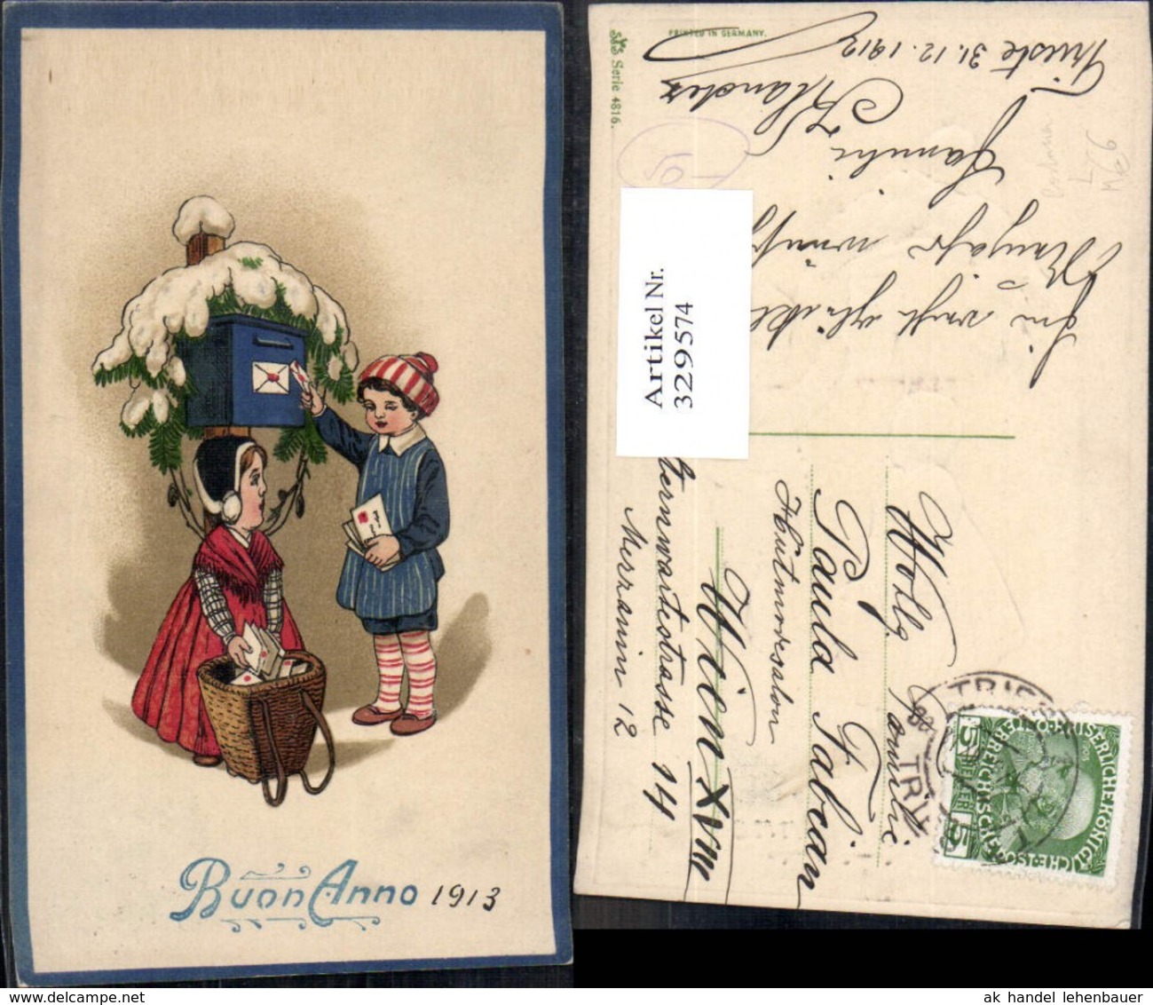 329574,Pr&auml;ge Litho Kinder M. Briefe Briefkasten Korb Winter Postwesen - Postal Services