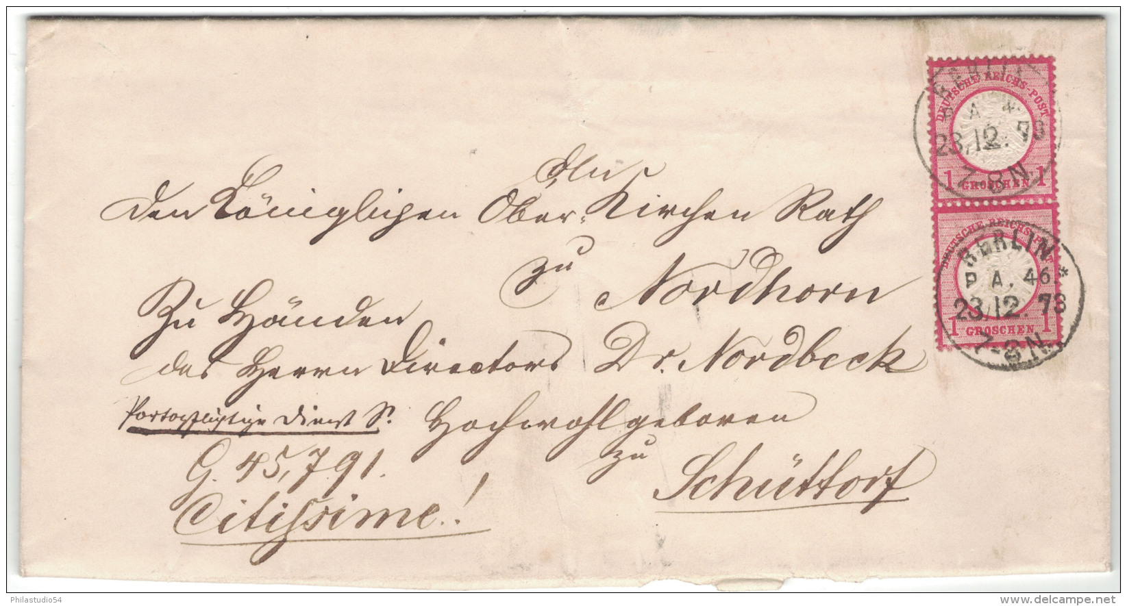 1872, Portopflichtige Dienstsache Mit Senkrechtem Prachtpaar 1 Groschen Großer Brustschild Entwertet BERLIN P.A. 46 (KBH - Machines à Affranchir (EMA)