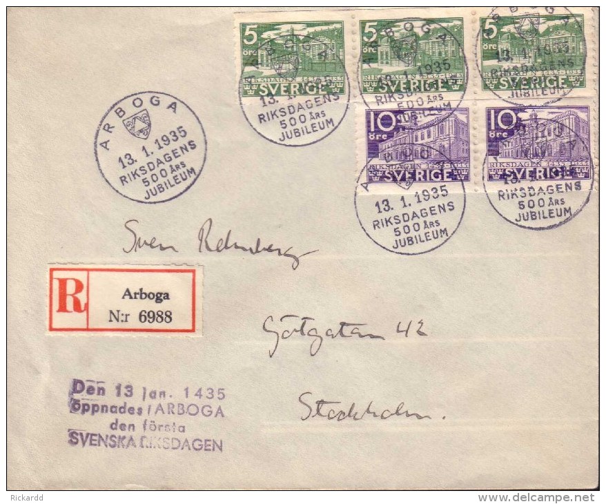 Sweden - Envelope 5 And 10 öre Riksdagen, Special Cancellation 13.1.35 - 1920-1936 Rouleaux I