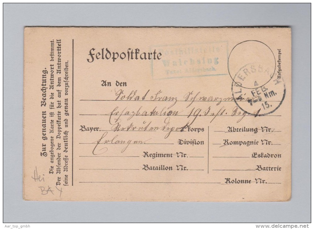 Heimat DE BAY WALCHSING Posthilfstelle 1915-04-02 Aldersbach Auf Feldpostkarte Mit Antwort - Feldpost (franchigia Postale)