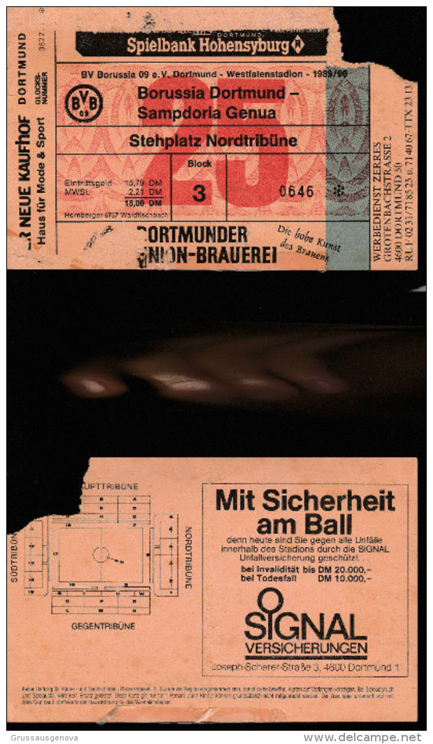 DOC1) BIGLIETTO INGRESSO STADIO BORUSSIA DORTMUND SAMPDORIA GENUA 1989/90 - DIMENSIONI 14 X 9 Cm - Tickets D'entrée