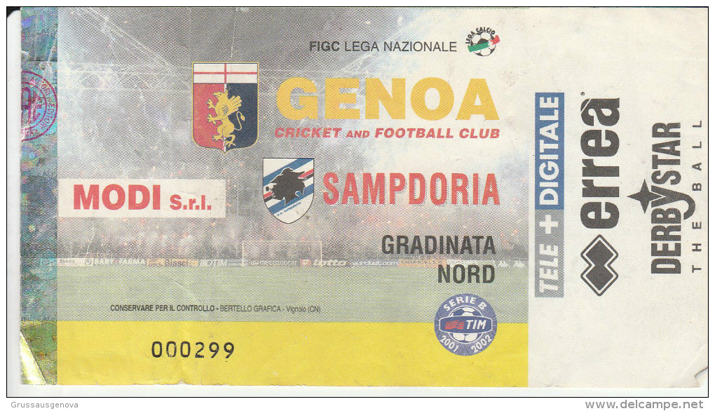 DOC1) BIGLIETTO INGRESSO STADIO SAMPDORIA GENOA DERBY 2001 2002 CALCIO FOOTBALL - Biglietti D'ingresso