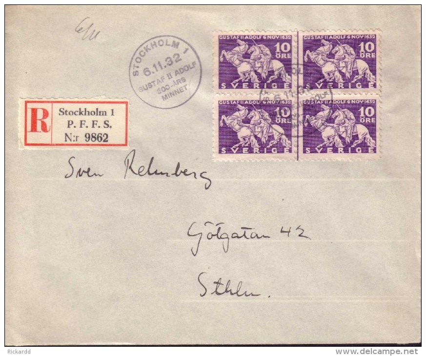 Sweden - Envelope 4-block 10 öre Lützen, Special Cancellation 6.11.32 - 1920-1936 Coil Stamps I