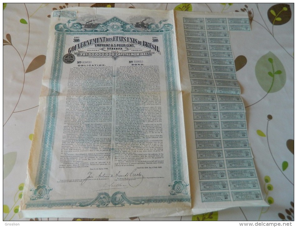 OBLIGATION 1909 DU GOUVERNEMENT DES ETATS UNIS DU BRESIL POUR EMPRUNT EN VUE CONSTRUCTION DE CHEMIN DE FER FEDERAUX - Chemin De Fer & Tramway