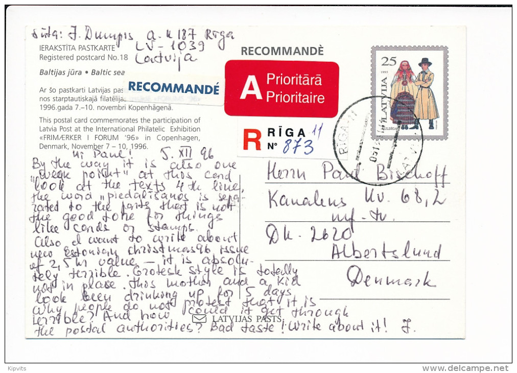 Mi P29 Registered Stationery Ganzsache Entier Postcard - 5 December 1996 Riga-11 To Denmark - Frimærker I Forum '96 - Latvia
