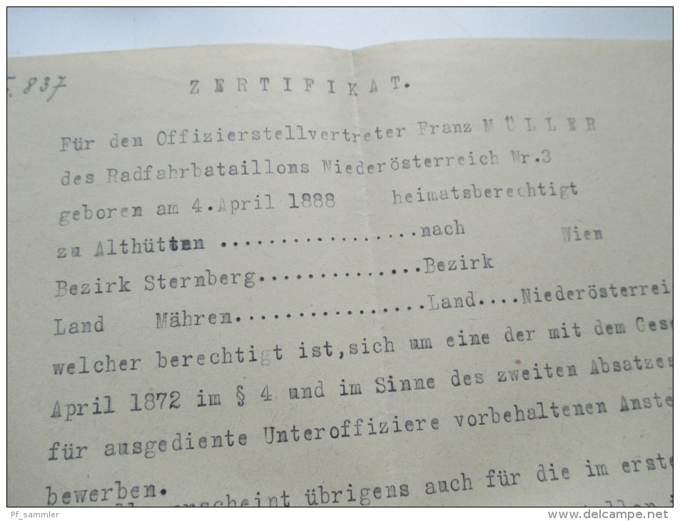 Österreich Wien 1920 Zertifikat Offizierstellvertreter Franz Müller Radfahrbataillon Berechtigung Zur Bewerbung Beamten - Historische Dokumente