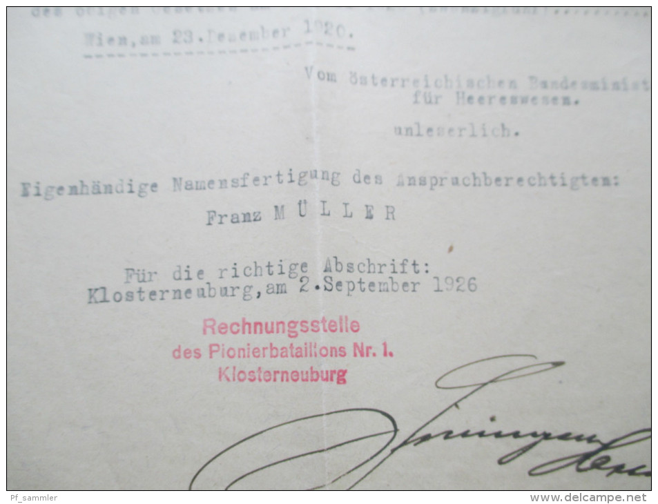 Österreich Wien 1920 Zertifikat Offizierstellvertreter Franz Müller Radfahrbataillon Berechtigung Zur Bewerbung Beamten - Historische Dokumente