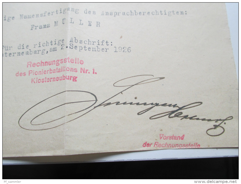 Österreich Wien 1920 Zertifikat Offizierstellvertreter Franz Müller Radfahrbataillon Berechtigung zur Bewerbung Beamten