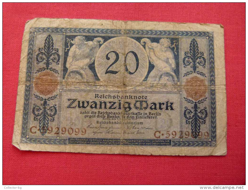 RARE OLD 1915 Germany German BANKNOTE 20 Marks SN:C.5929099 - 20 Mark