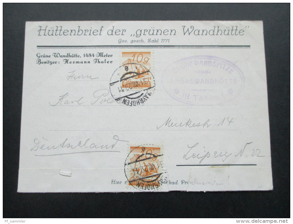 Österreich 1929 Hüttenbrief Der Grünen Wandhütte. 1484 Meter. Grünewandspitze In Taxach. Mayrhofen - Stilluptal - Covers & Documents