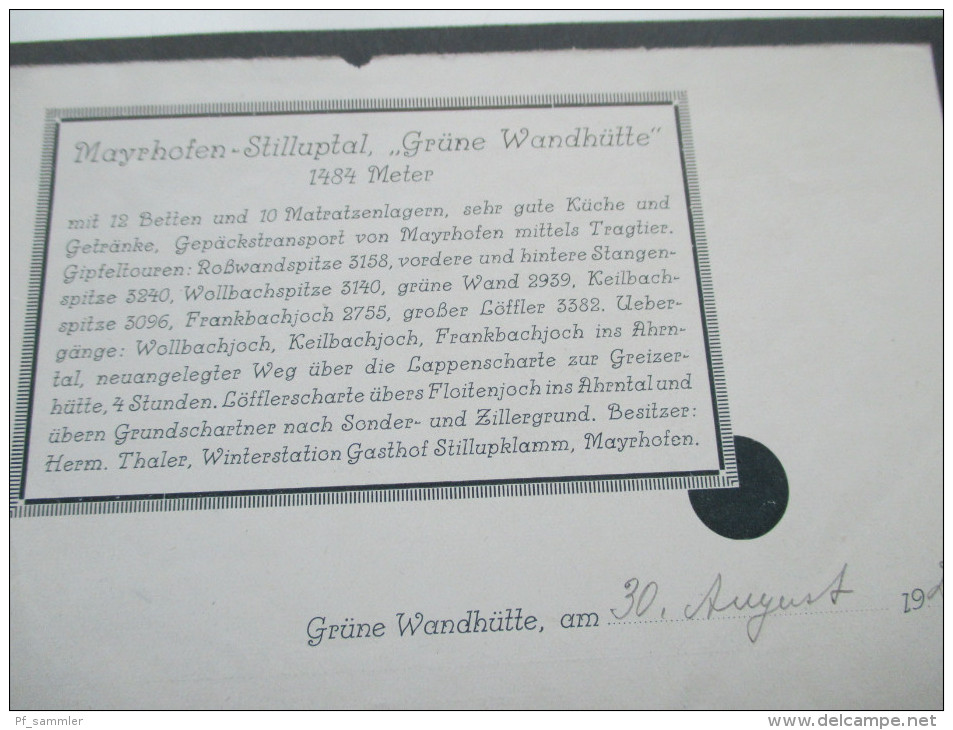 Österreich 1929 Hüttenbrief Der Grünen Wandhütte. 1484 Meter. Grünewandspitze In Taxach. Mayrhofen - Stilluptal - Covers & Documents