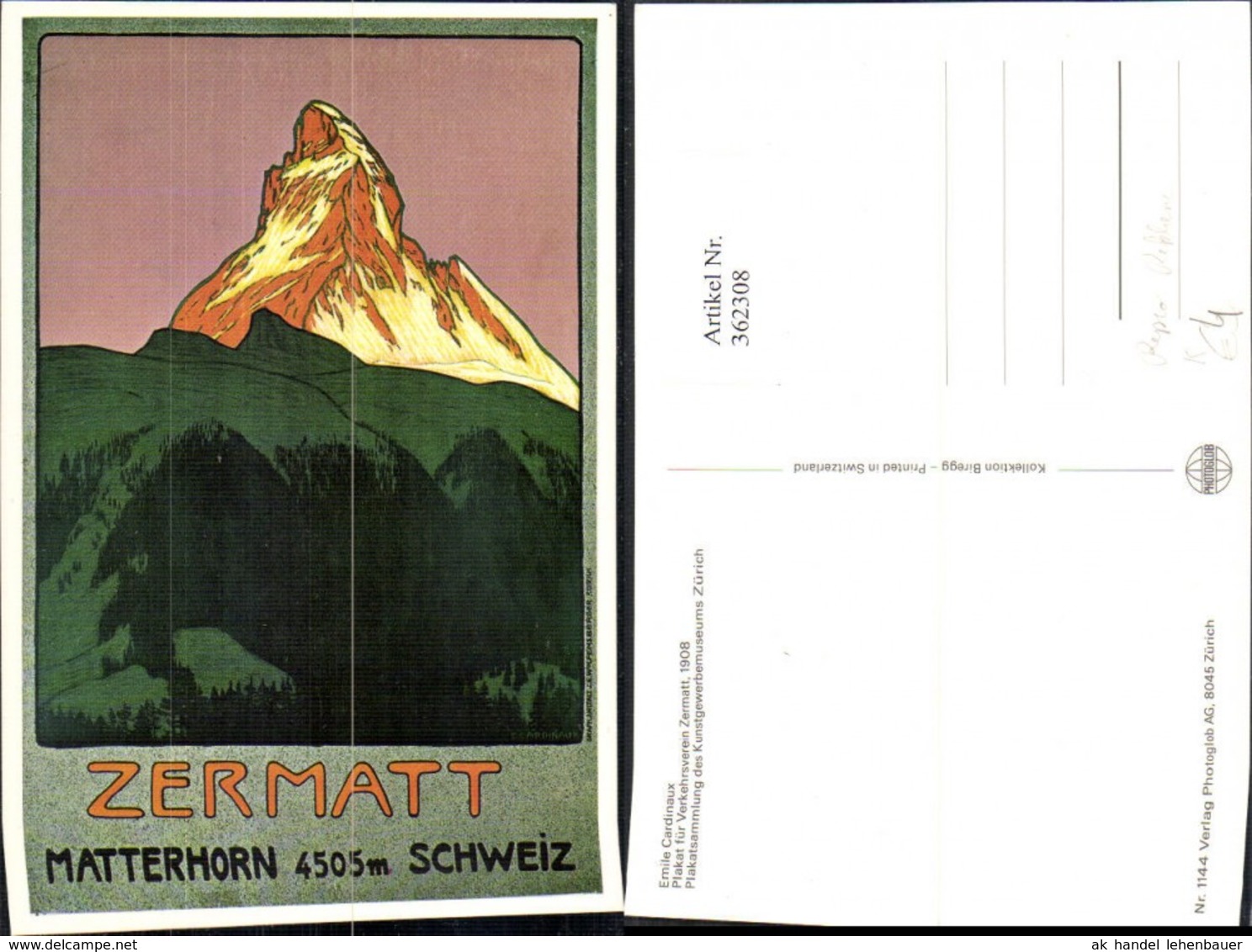 362308,Repro Reklame Emile Cardinaux Plakat F&uuml;r Verkehrsverein Zermatt 1908 Matterhor - Pubblicitari