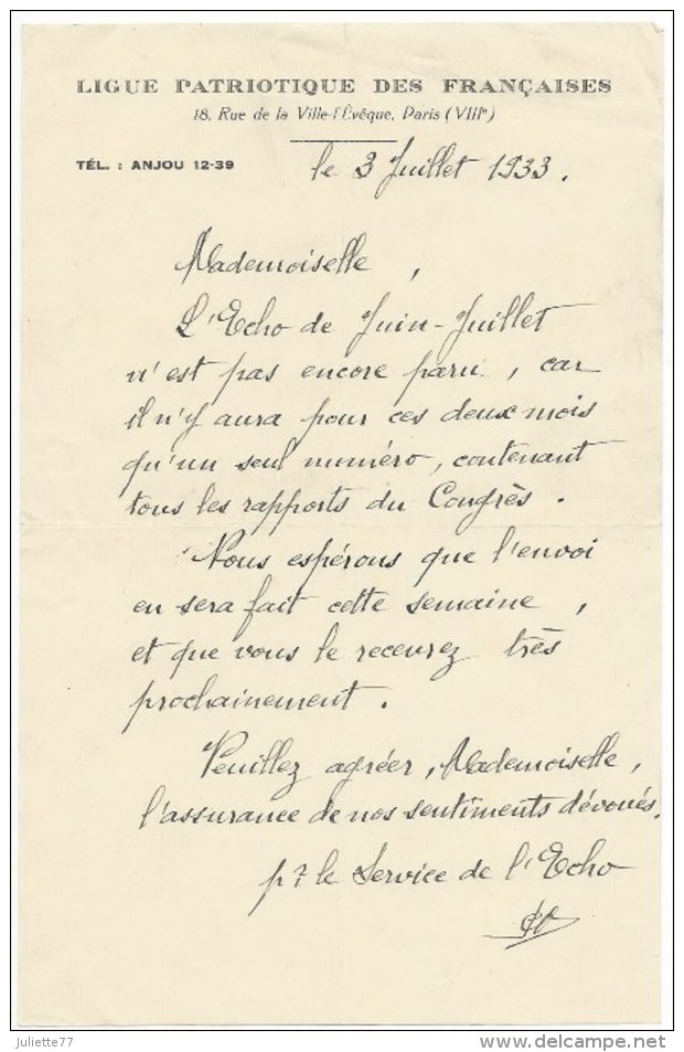 RARE ! 1932-33 LIGUE PATRIOTIQUE DES FRANCAISES : Calendrier & Lettre - Grand Format : 1921-40