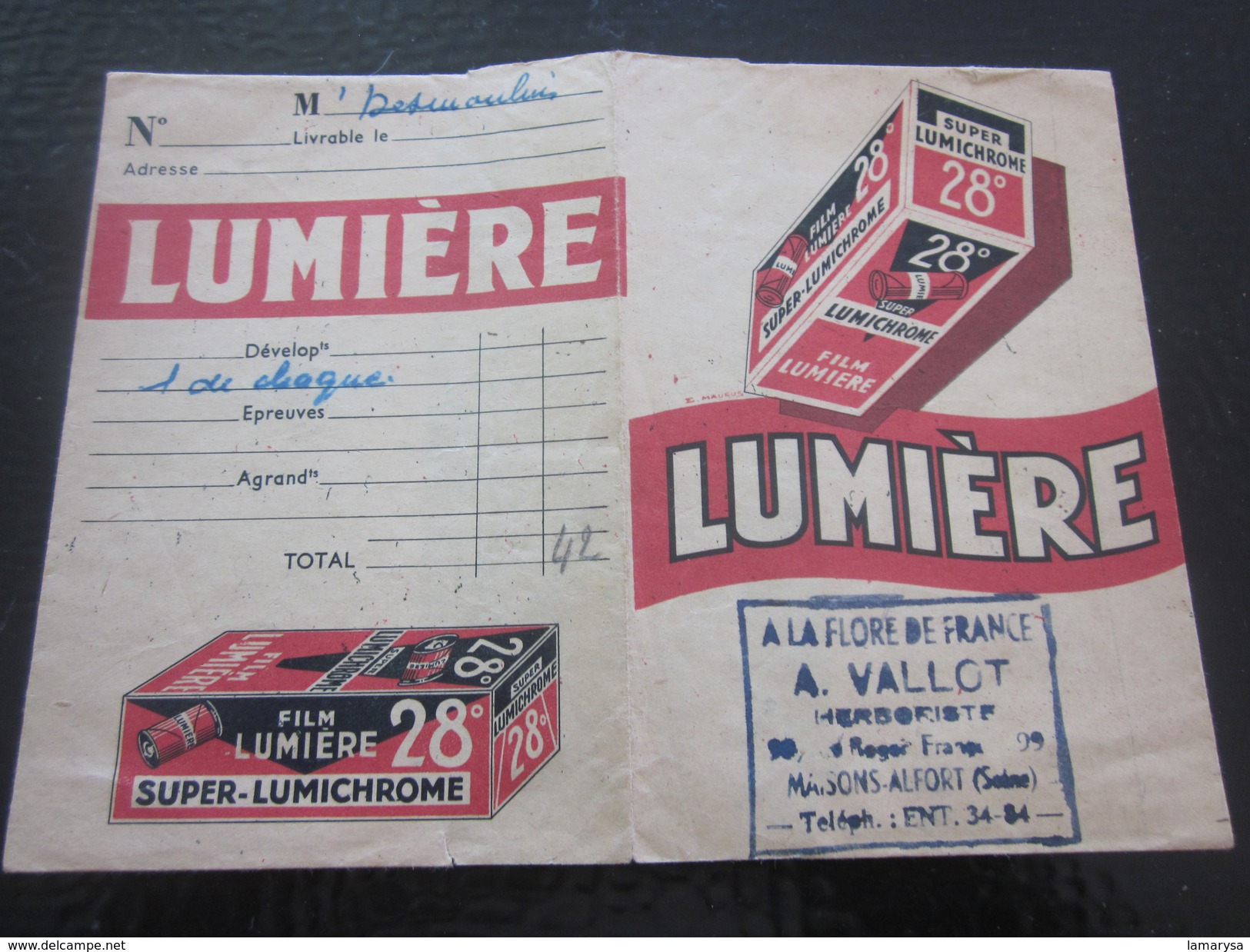 Photographie-1931 Ancienne Pochette Lumichrome "LUMIÈRE" Illustrée  (vide)Pour Photos Vallot Herb Maison-Alfort Matériel - Matériel & Accessoires